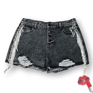 Savanna Jane Rhinestone Fringe Black/Grey Acid Distressed Button Fly‎ Shorts L